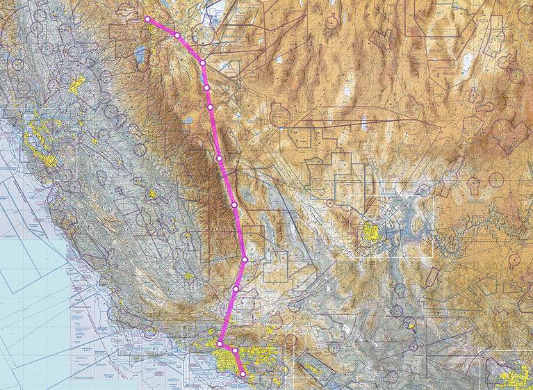 Note how the routing from RTS to SNA passes east of the Sierra Nevada range