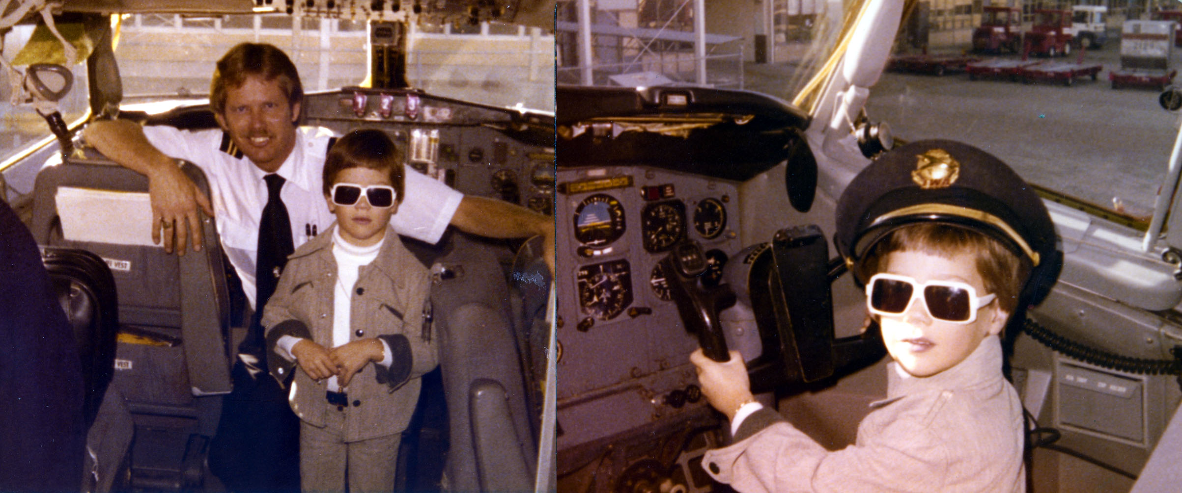 Trying out the pilot's seat after my first flight in an airplane, a TWA 727.  This was in St. Louis, circa 1977.