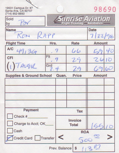 The bill from my first flight.  Ah, the good old days!  Of course, we'll be saying that about *today's* rates at some point, too...