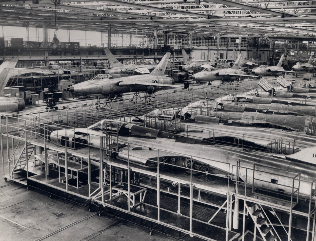 F-105 Thunderchiefs under construction at the Republic Aviation plant in Farmingdale, NY.  Though it acquired the unflattering nickname "Thud", the 105 was a capable fighter-bomber which served from 1958 to 1984.
