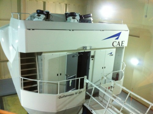 Exterior of a Gulfstream IV-SP simulator at the CAE Simuflite facility in Dallas, TX